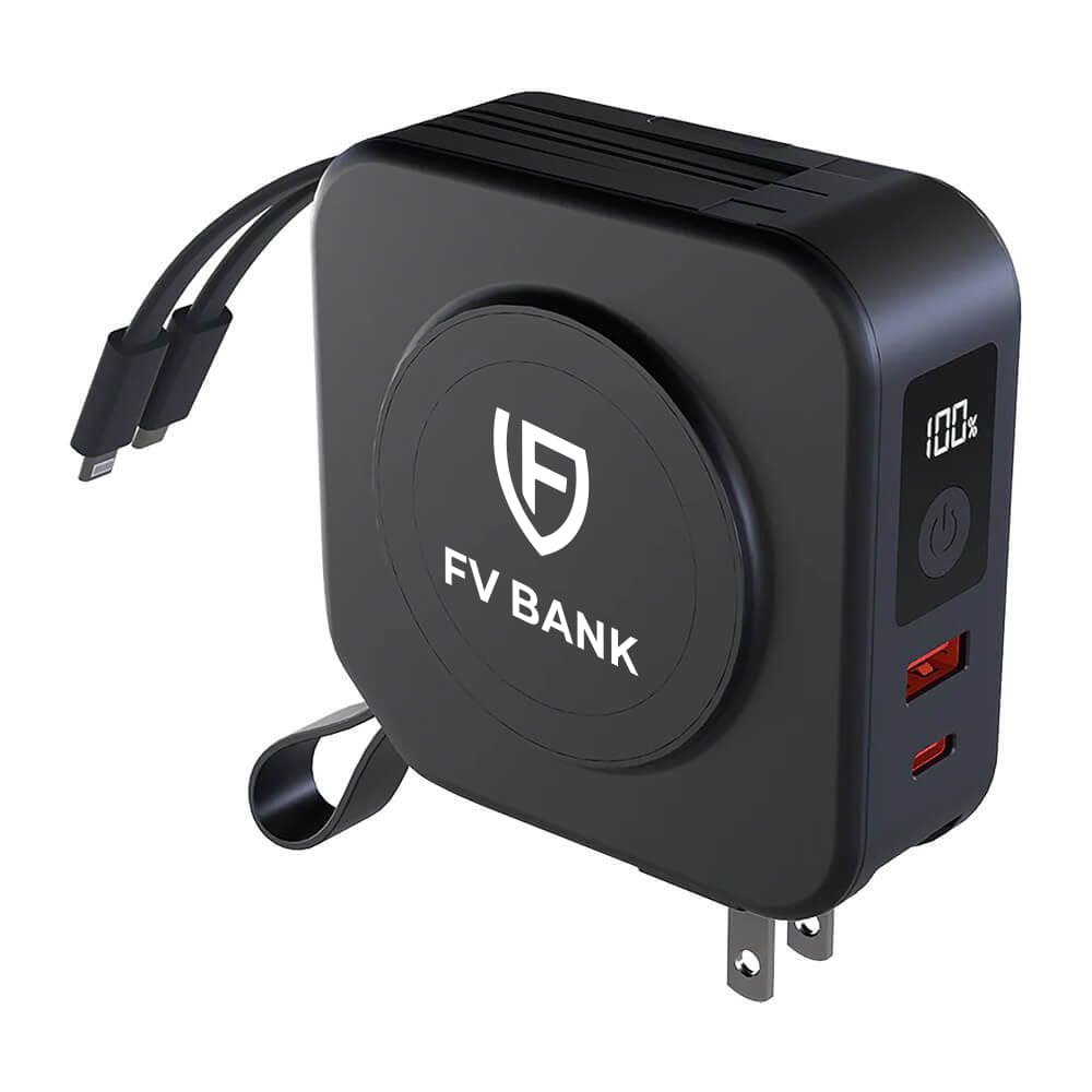 FV Bank branded power bank with wireless charging and built-in cables