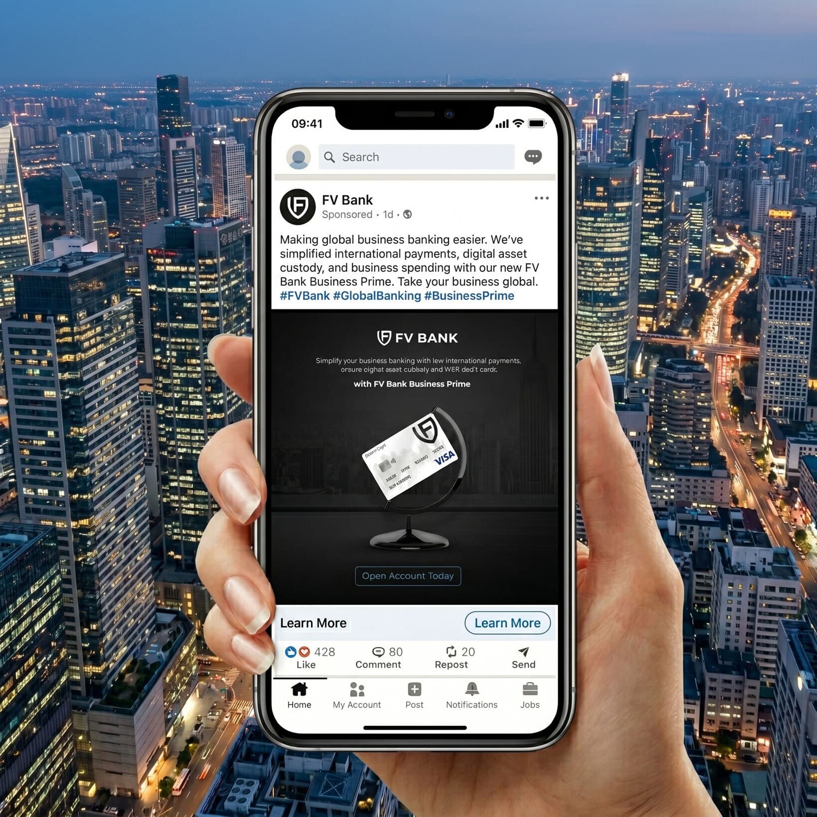 FV Bank social media campaign shown on a phone screen mockup
