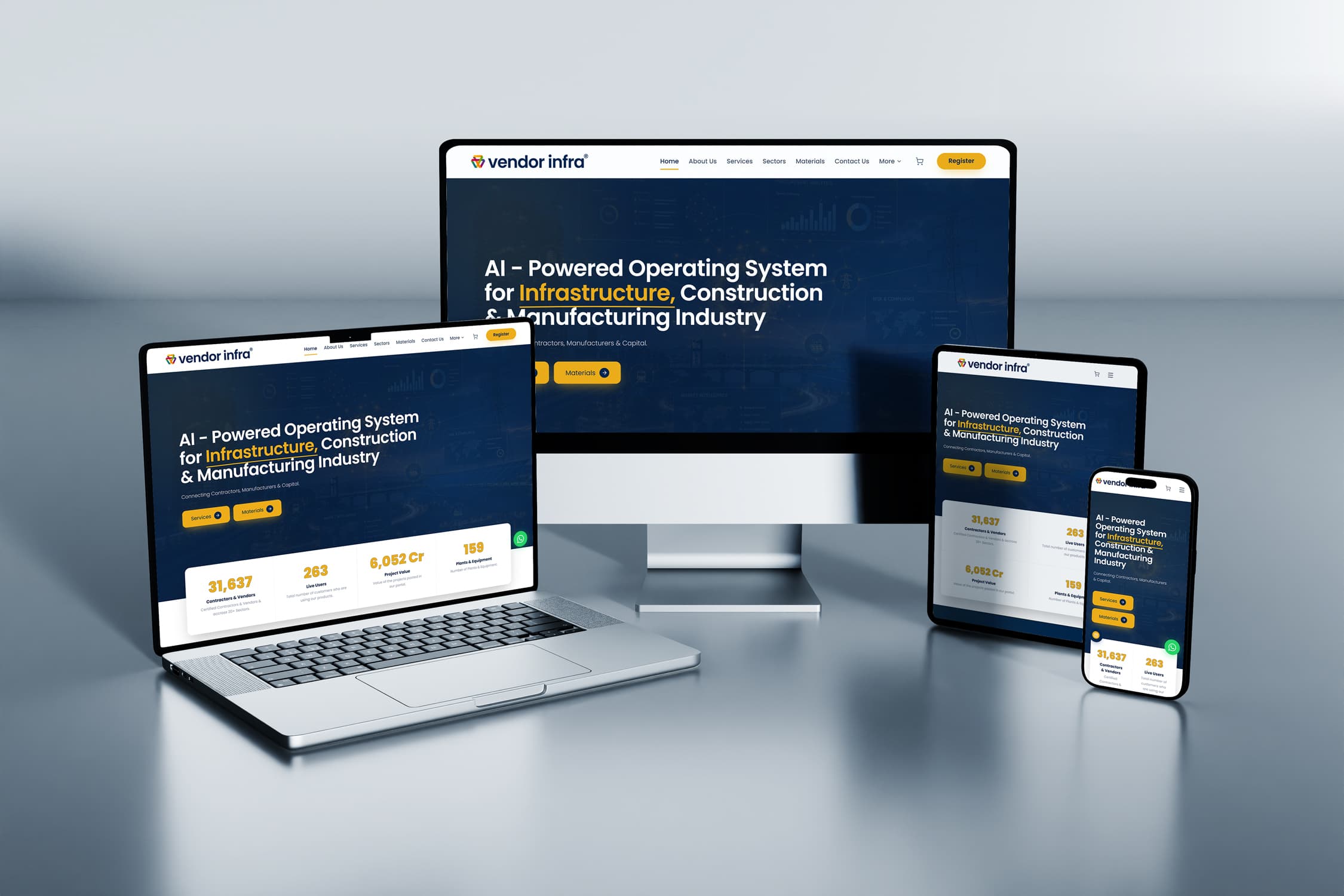 Vendor Infra website design — browser mockups showing homepage and interior pages